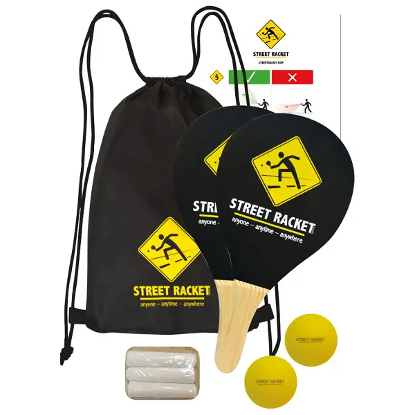 2 Player Street Racket Set — two wooden racquets, two balls, chalk and a carry bag